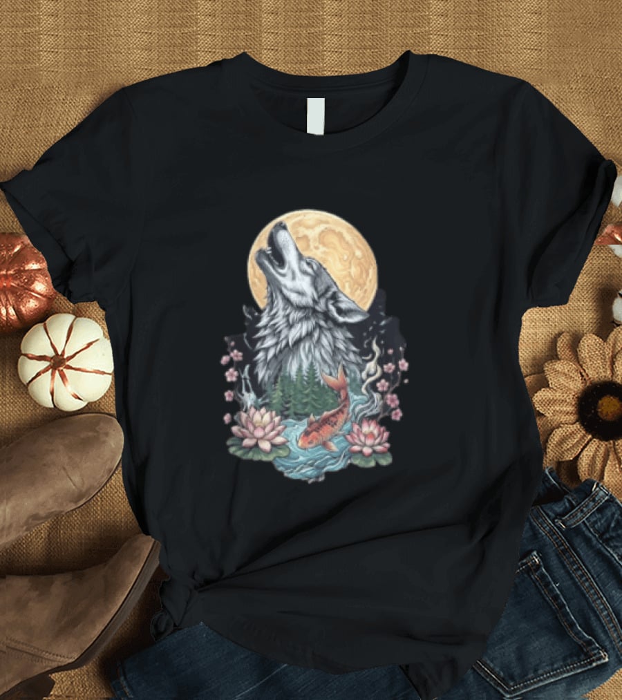 Howling Wolf Full Moon Koi Lotus Blossoms T-Shirt