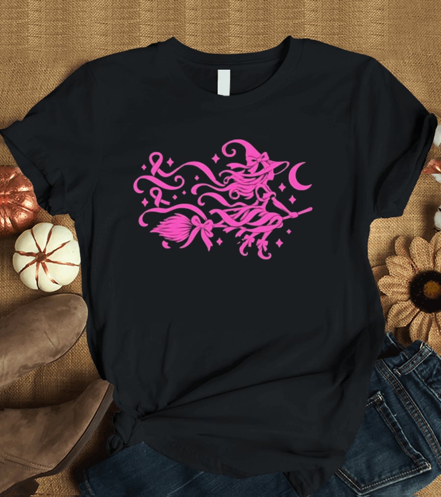 Pink Witch Riding Broom With Breast Cancer Awareness Ribbon T-Shirt