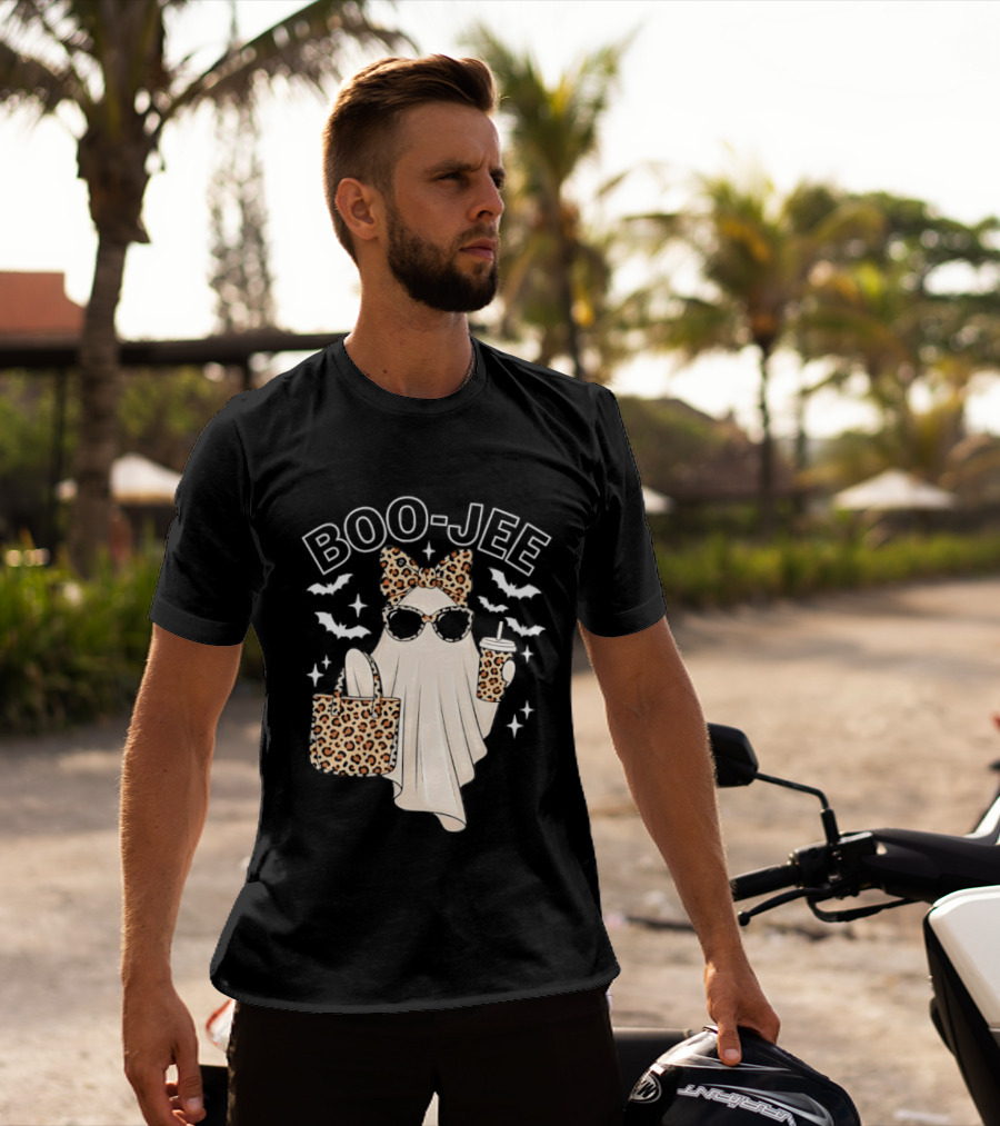 Boo Jee Stylish Ghost With Leopard Print Accessories And Bats T-Shirt