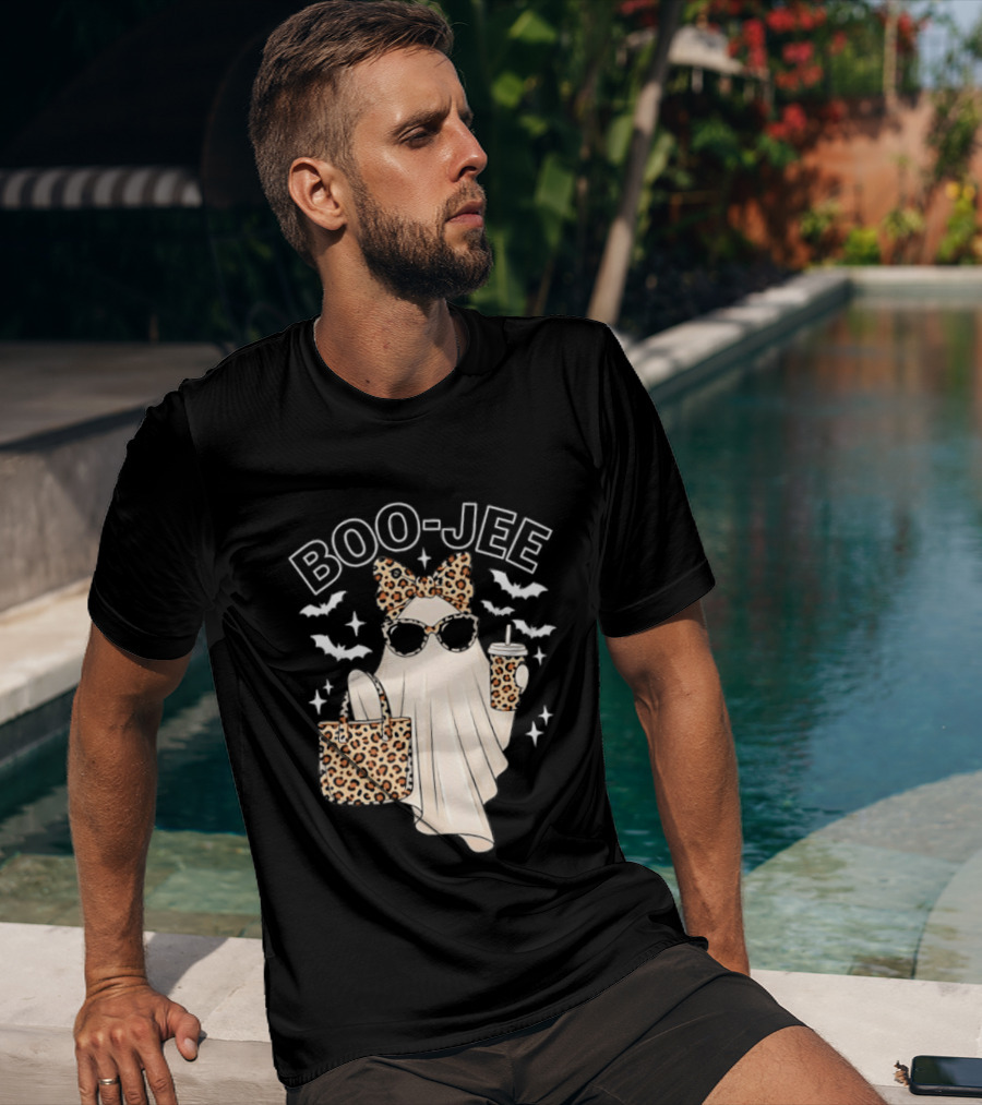 Boo Jee Stylish Ghost With Leopard Print Accessories And Bats T-Shirt