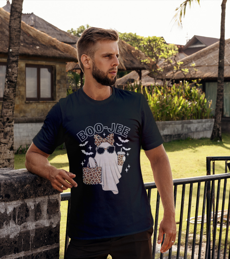 Boo Jee Stylish Ghost With Leopard Print Accessories And Bats T-Shirt