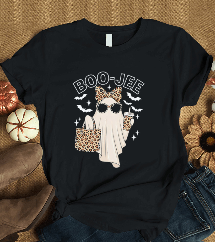 Boo Jee Stylish Ghost With Leopard Print Accessories And Bats T-Shirt
