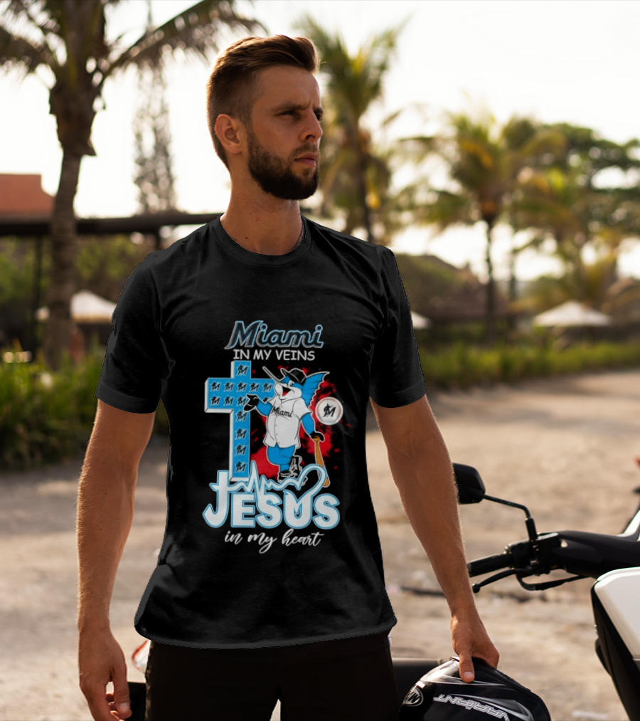 Miami Marlins In My Veins Jesus In My Heart Cross Baseball T-Shirt