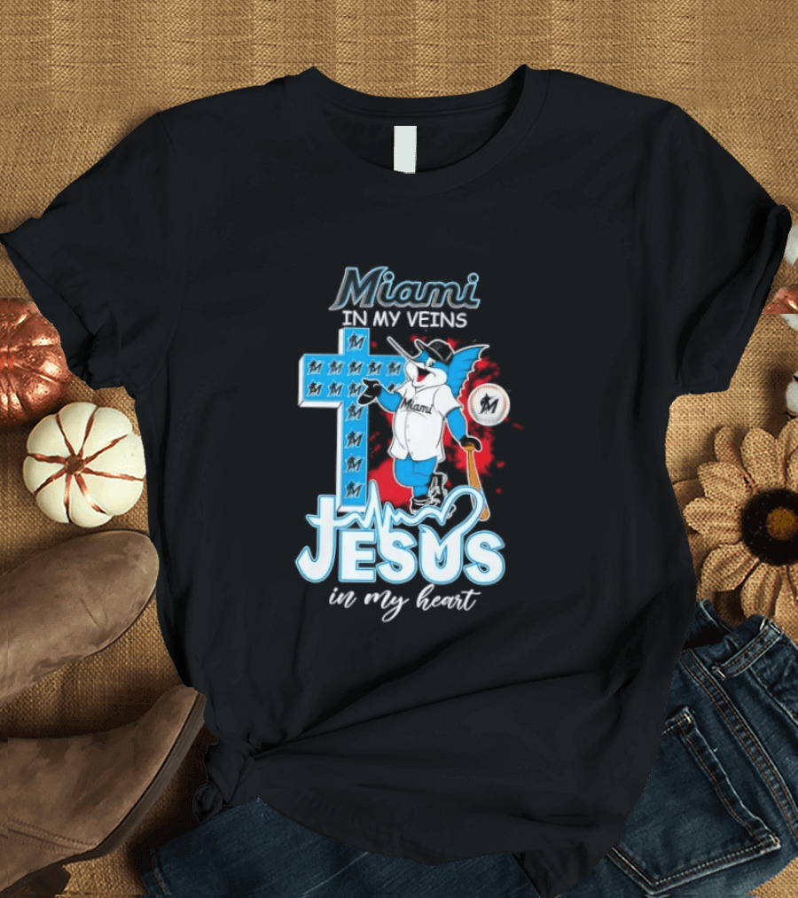 Miami Marlins In My Veins Jesus In My Heart Cross Baseball T-Shirt