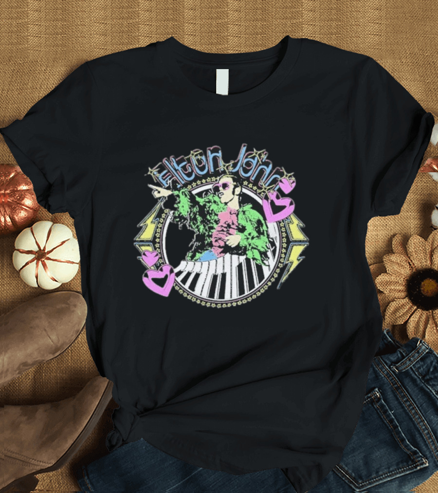 Elton John Distressed Colorful Piano And Hearts T-Shirt