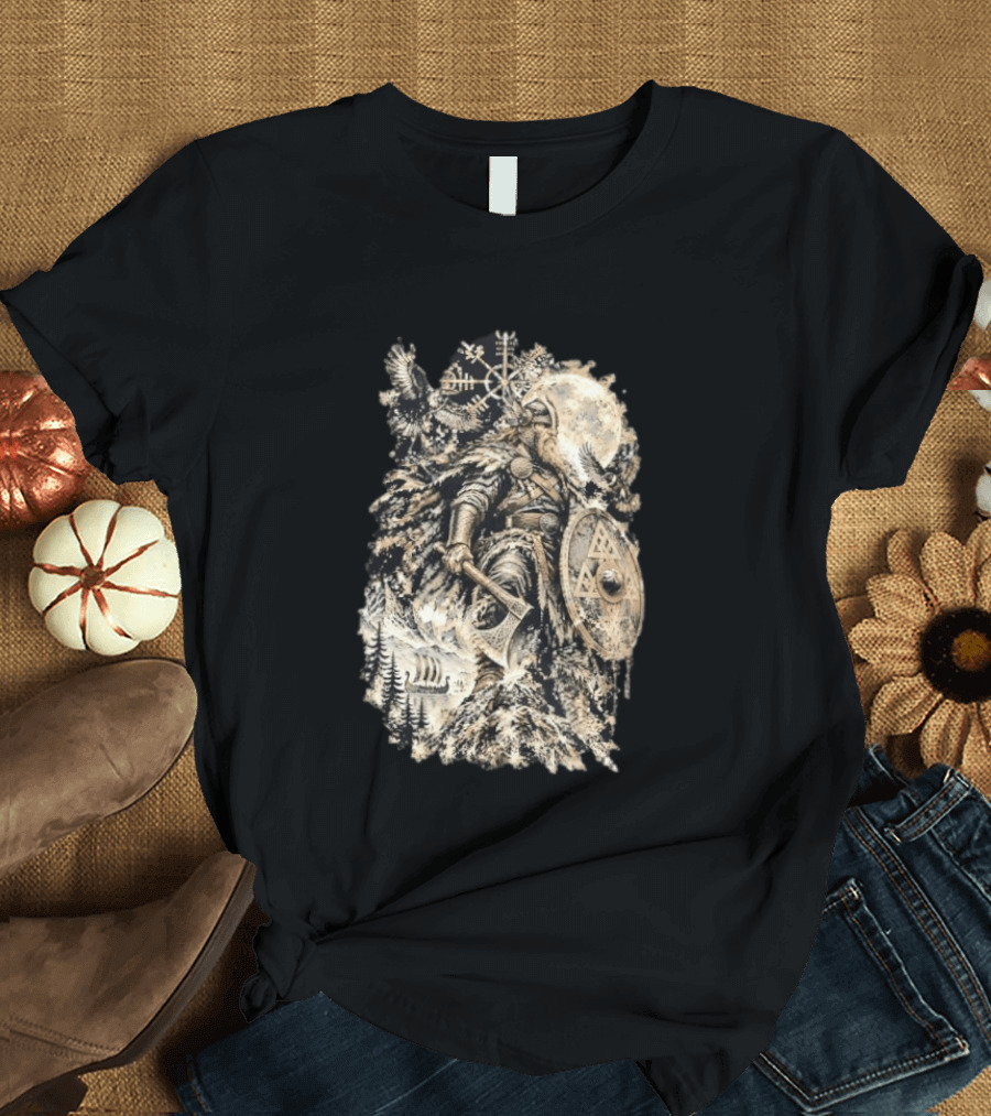 Norse God Viking Warrior Axe Valknut Symbol Raven Longship T-Shirt
