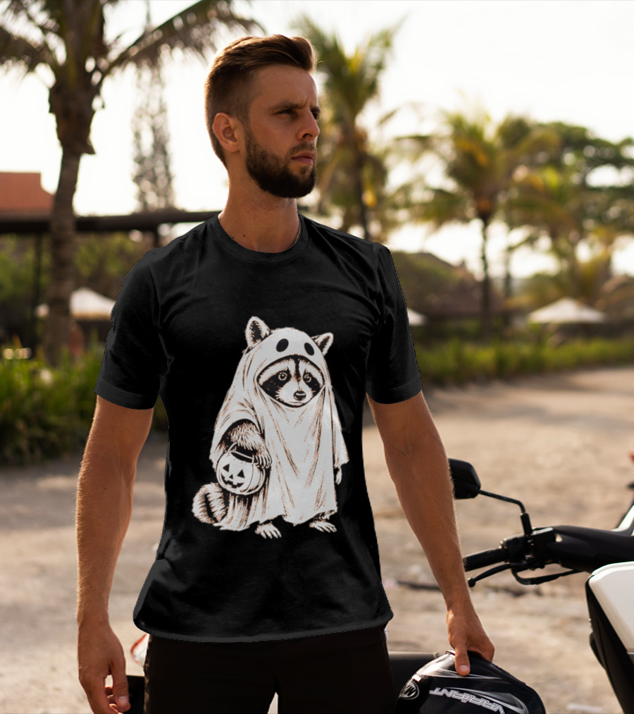Raccoon Ghost Holding Pumpkin Bucket Halloween 2026 T-Shirt