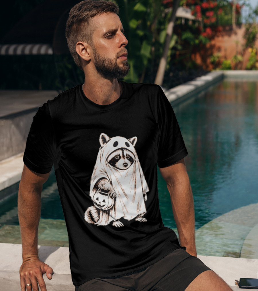 Raccoon Ghost Holding Pumpkin Bucket Halloween 2026 T-Shirt