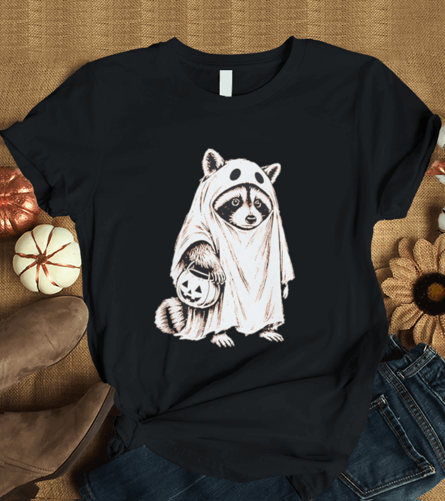 Raccoon Ghost Holding Pumpkin Bucket Halloween 2026 T-Shirt