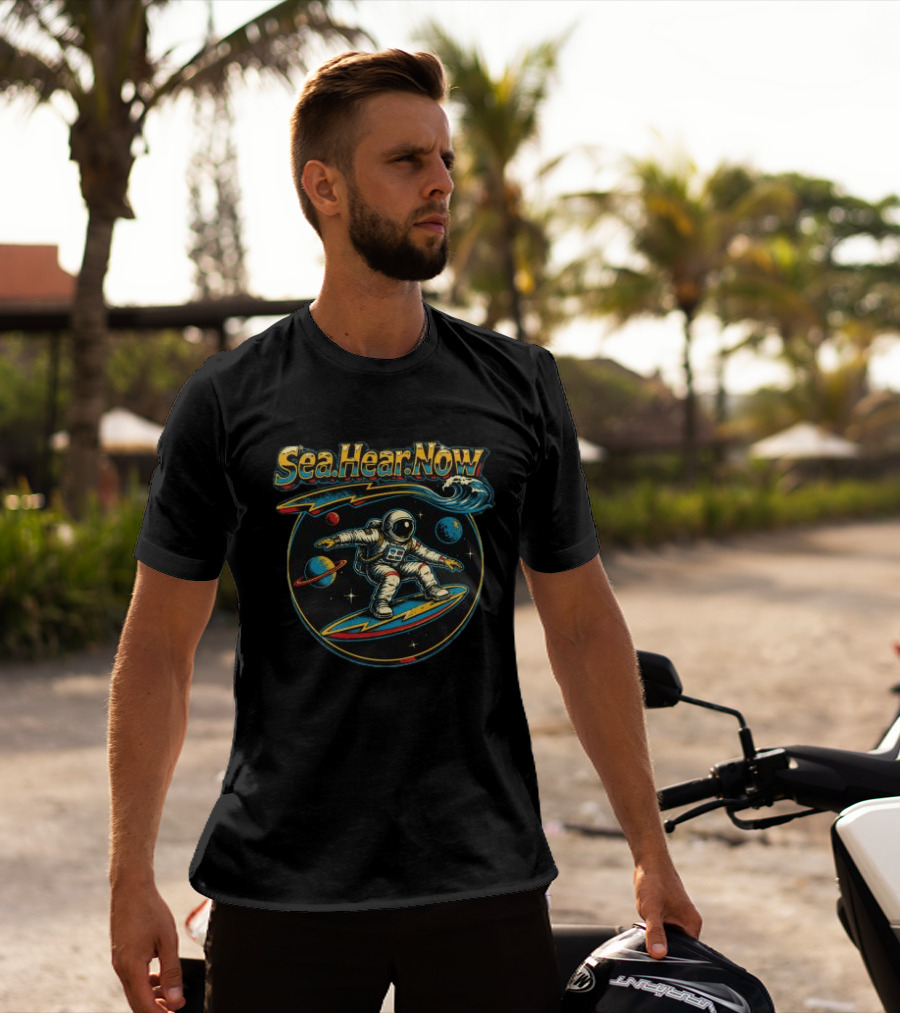 Sea Hear Now Astronaut Surfing Planets Lineup T-Shirt