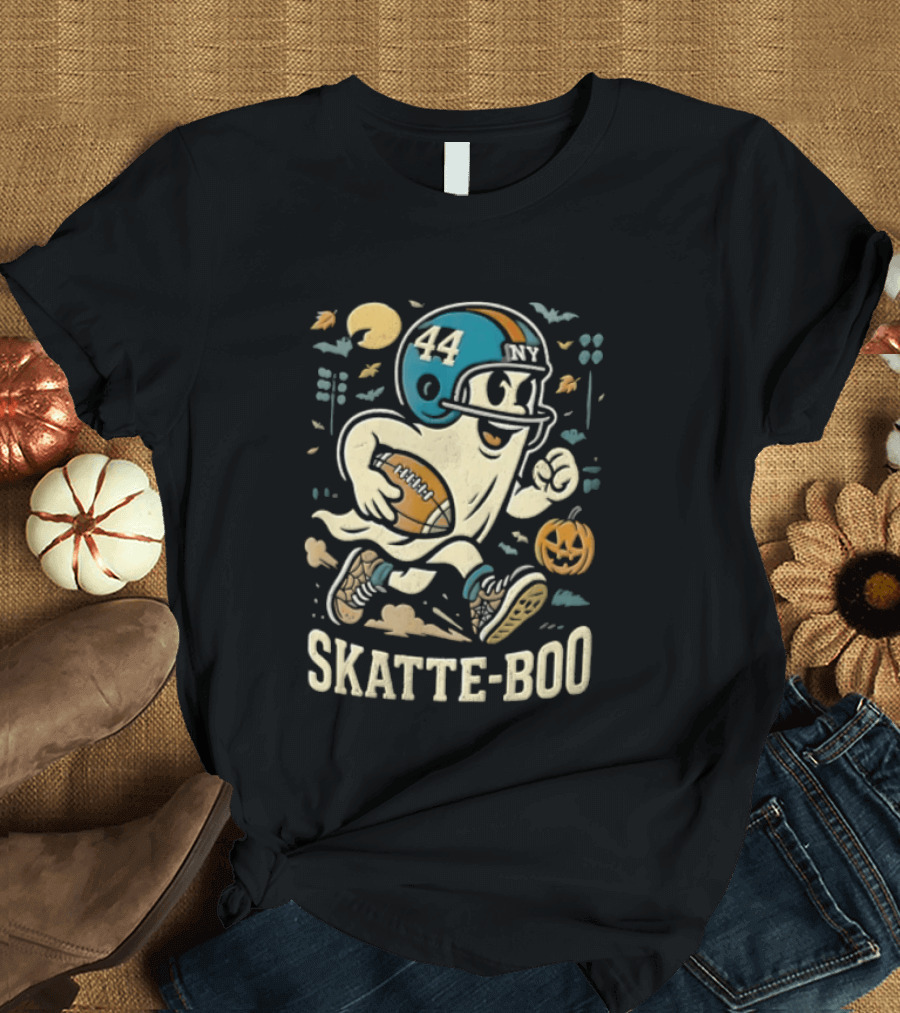 SKATTE BOO Football Helmet 44 Halloween Ghost Pumpkin T-Shirt