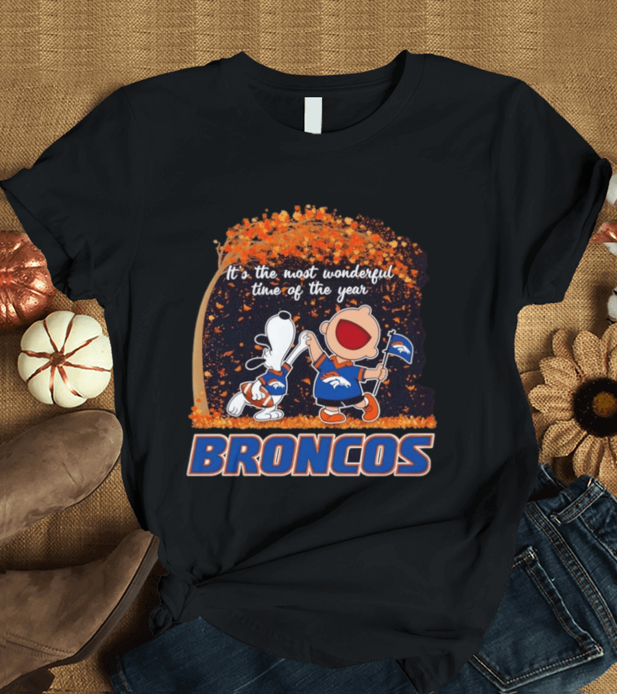 Snoopy And Charlie Brown Celebrating Denver Broncos It's The Most Wonderful Time Of The Year T-Shirt