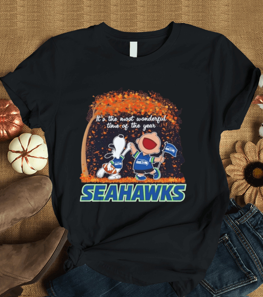 Snoopy And Charlie Brown Dancing Seattle Seahawks The Most Wonderful Time Of The Year T-Shirt
