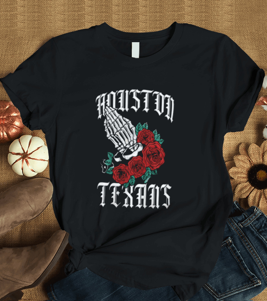 Houston Texans Praying Hands Red Roses Dia De Los Muertos T-Shirt