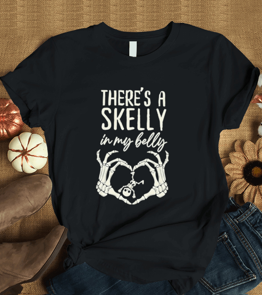 There's A Skelly In My Belly Skeleton Heart Hands Halloween Maternity T-Shirt