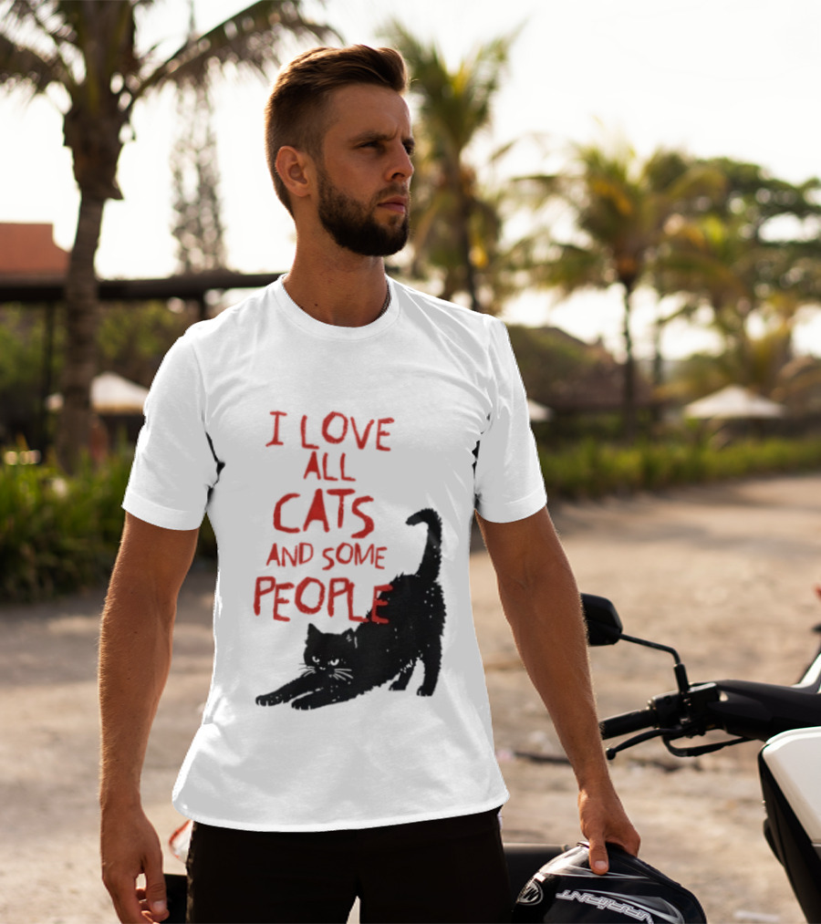 I Love All Cats And Some People Funny Cat Lovers Stretching Black Cat T-Shirt