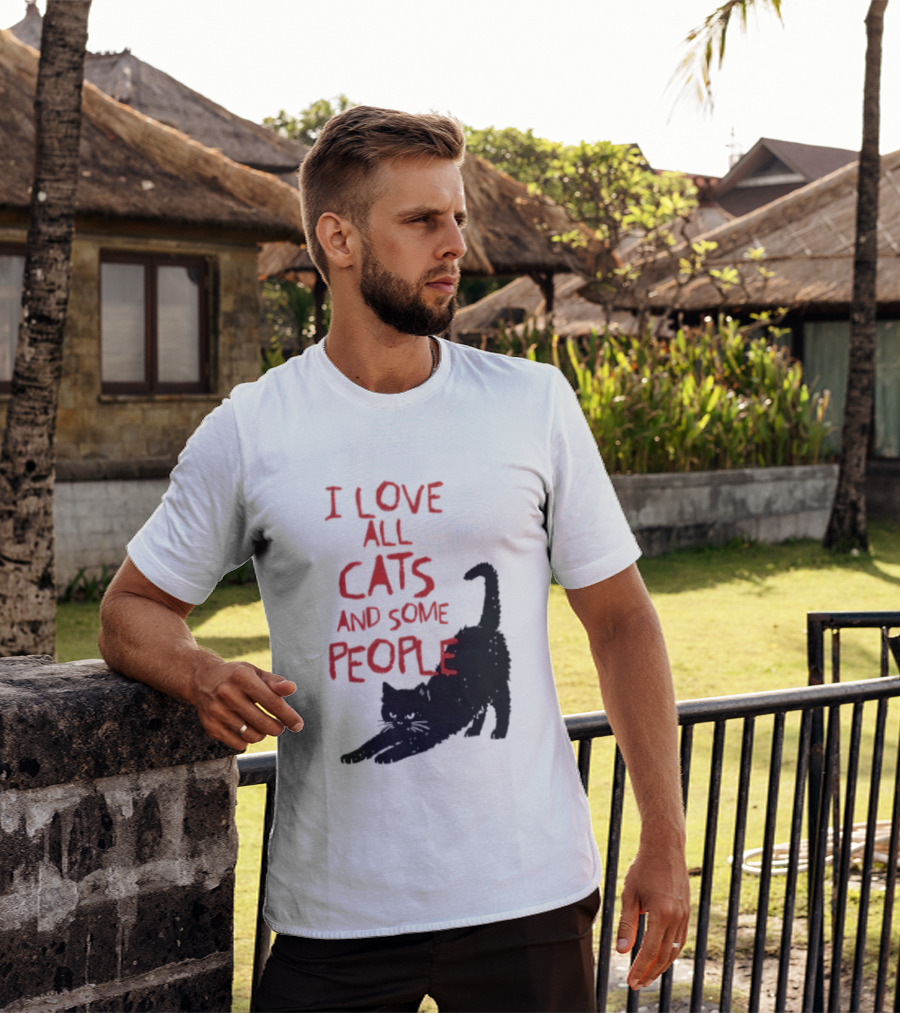 I Love All Cats And Some People Funny Cat Lovers Stretching Black Cat T-Shirt