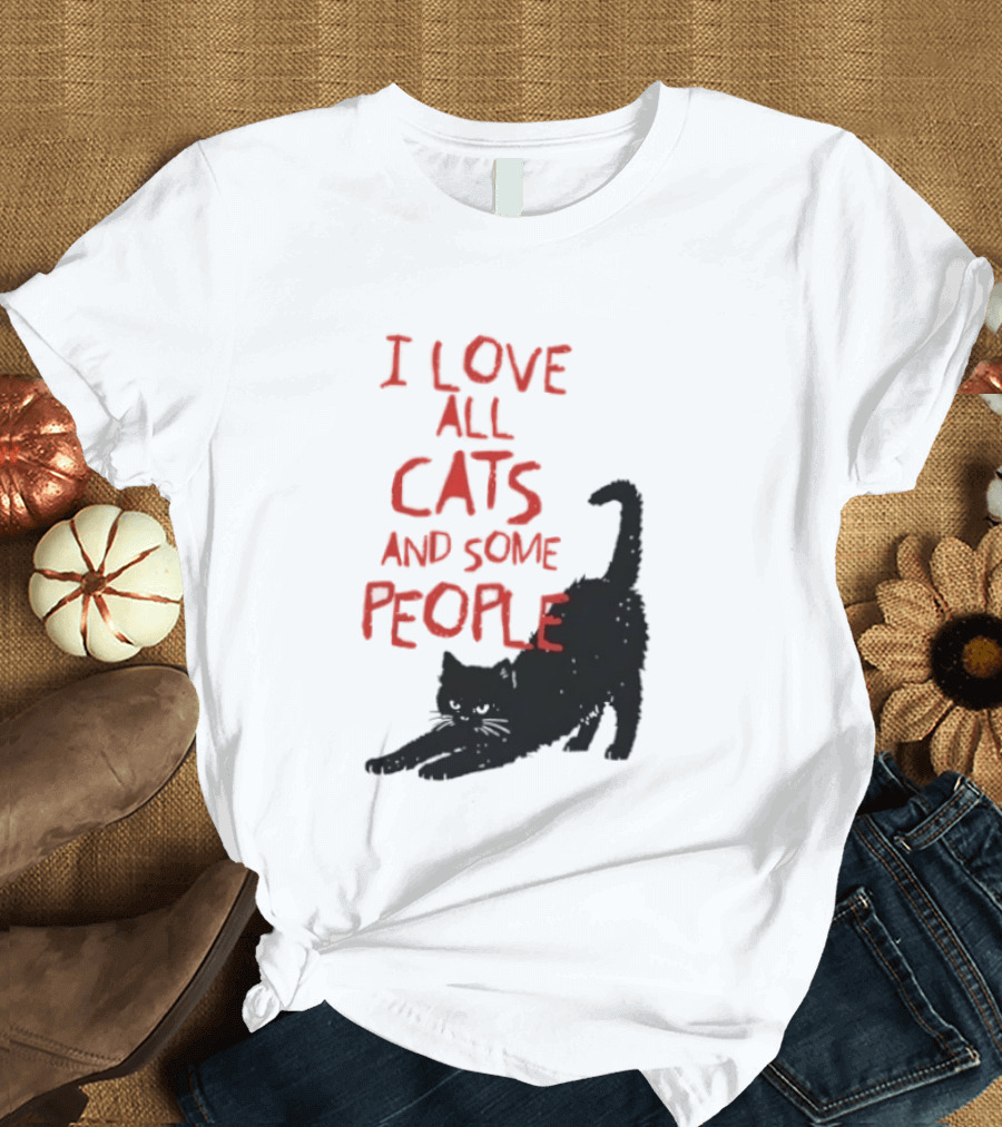 I Love All Cats And Some People Funny Cat Lovers Stretching Black Cat T-Shirt