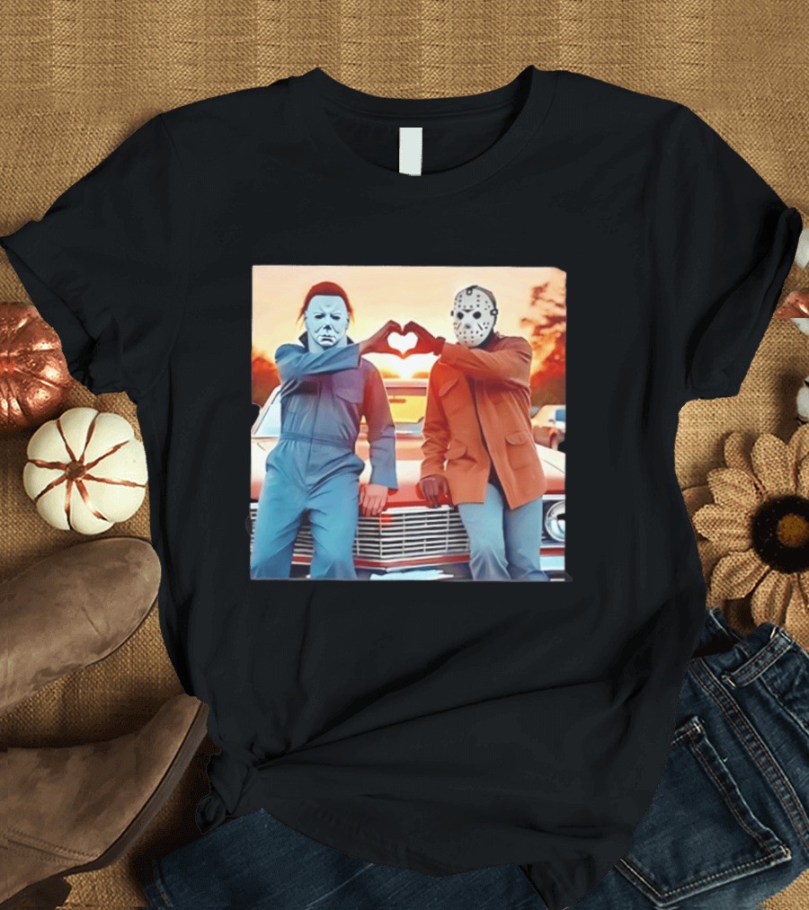 Jason Voorhees Michael Myers Heart Sign Halloween Retro Car Sunset T-Shirt