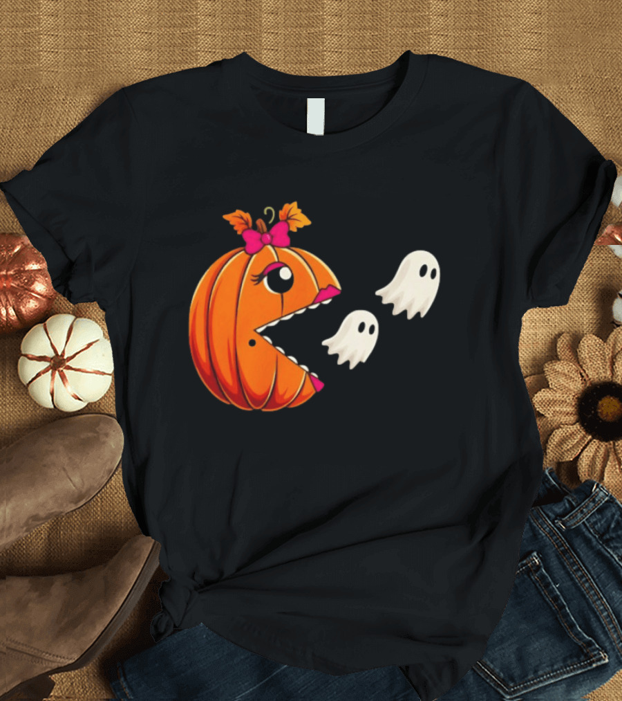 Ms PacMan Pumpkin Ghosts Halloween T-Shirt