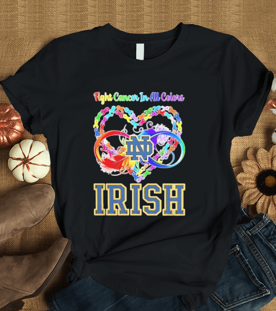 Fight Cancer In All Colors Notre Dame Irish Cancer Awareness Ribbon Heart T-Shirt