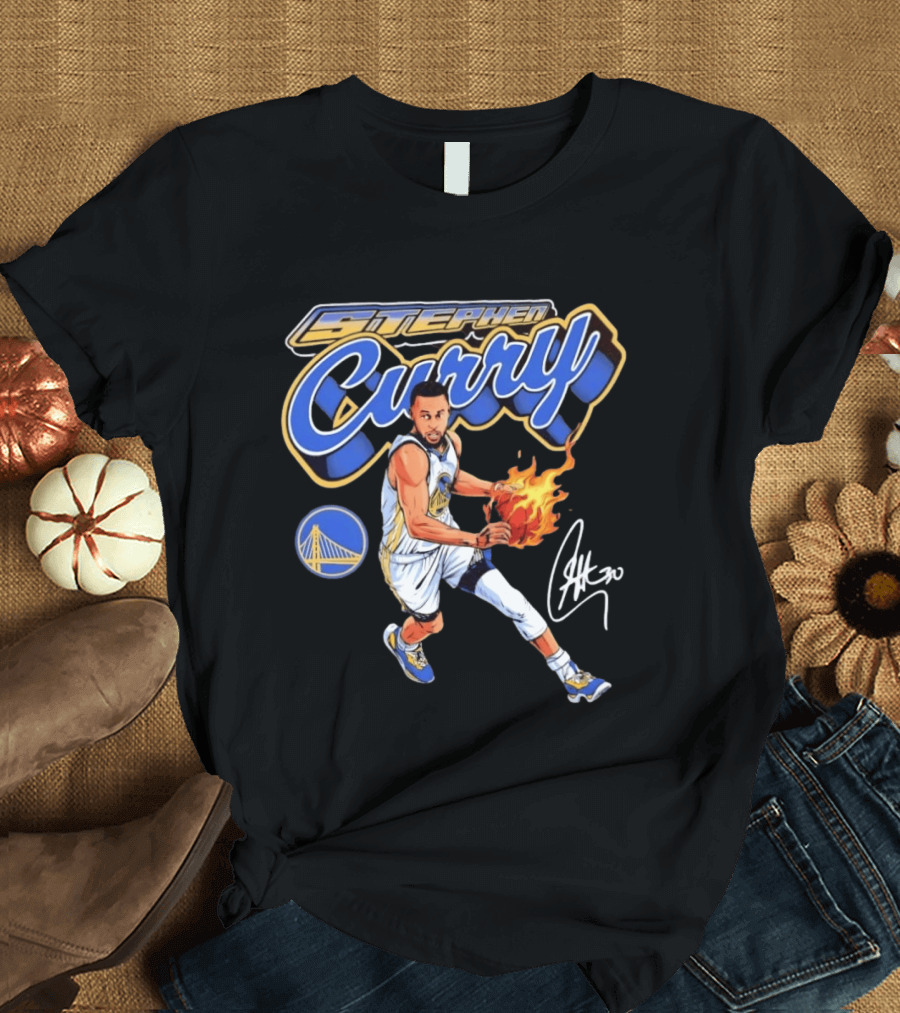 Stephen Curry Golden State Warriors Basketball Player With Flame Ball And Signature T-Shirt