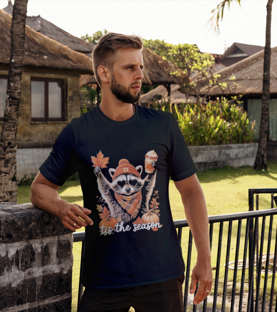 Tis The Season Raccoon With Fall Pumpkin Coffee And Autumn Leaves T-Shirt