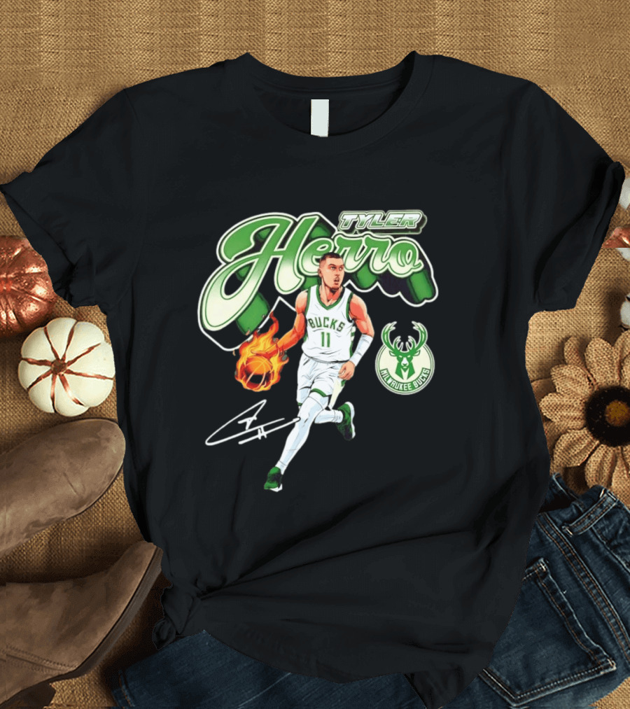 Tyler Herro Milwaukee Bucks Basketball Fireball Cursive Script T-Shirt