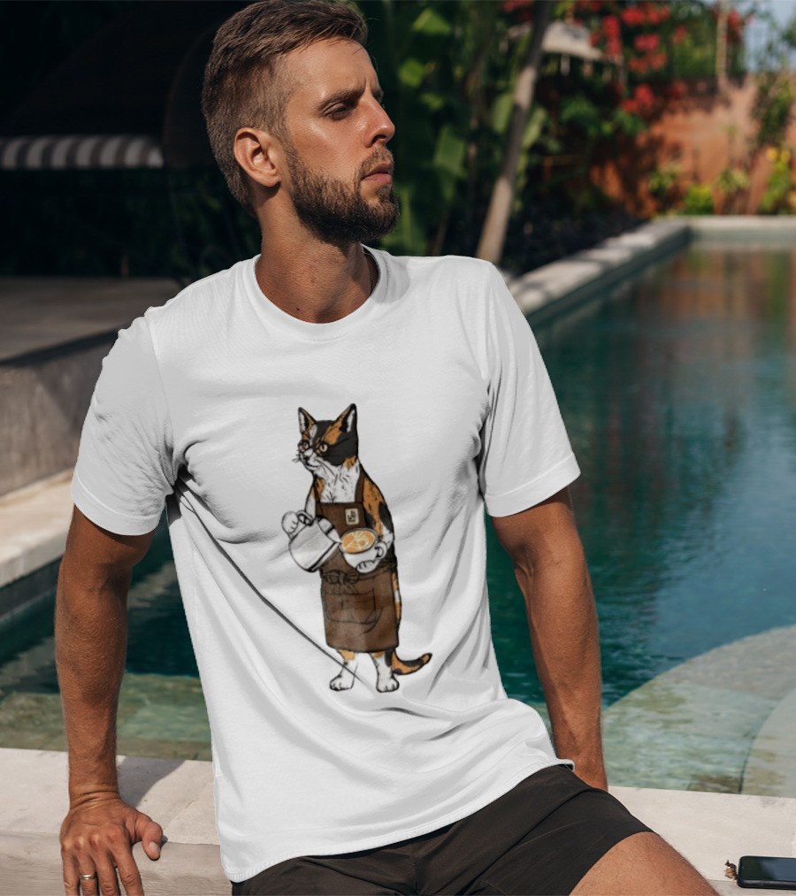 Cat Wearing Glasses And Apron Pouring Latte Art Coffee T-Shirt