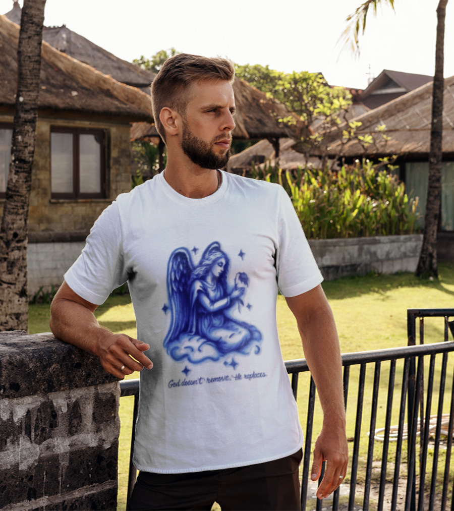 Angel Kneeling On Cloud Holding Flower God Does Not Remove He Replaces T-Shirt