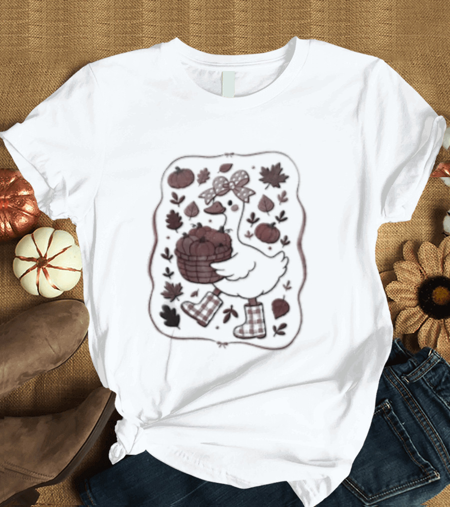 Goose Bow Rain Boots Basket Pumpkins Autumn Leaves T-Shirt