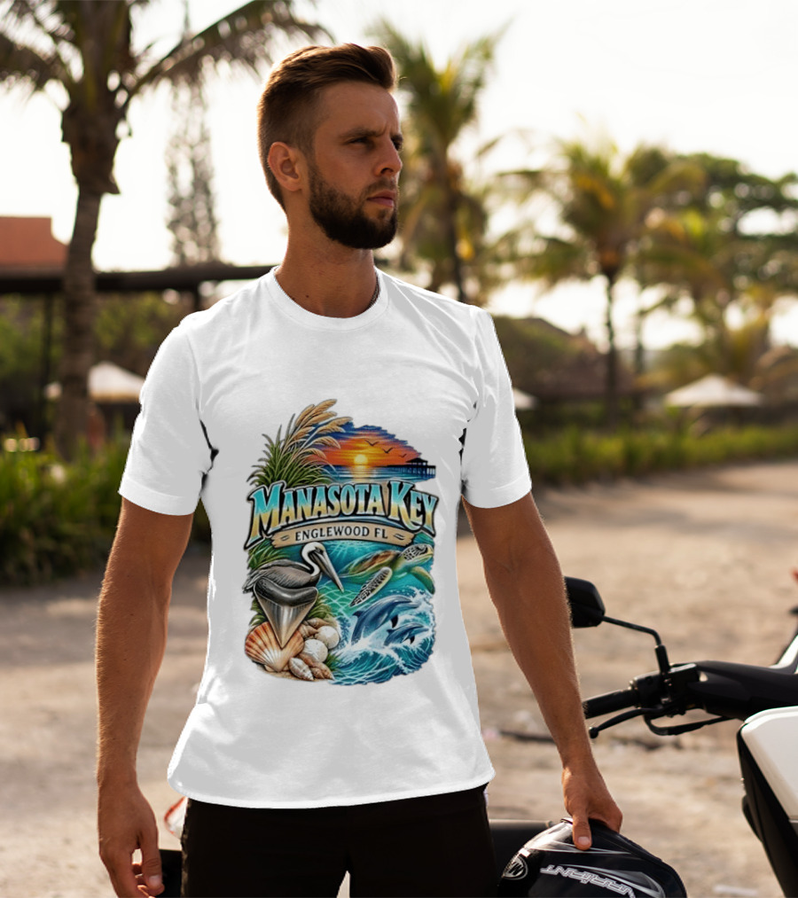 Manasota Key Englewood FL Beach Scene With Pelican Dolphins Shells And Sunset T-Shirt