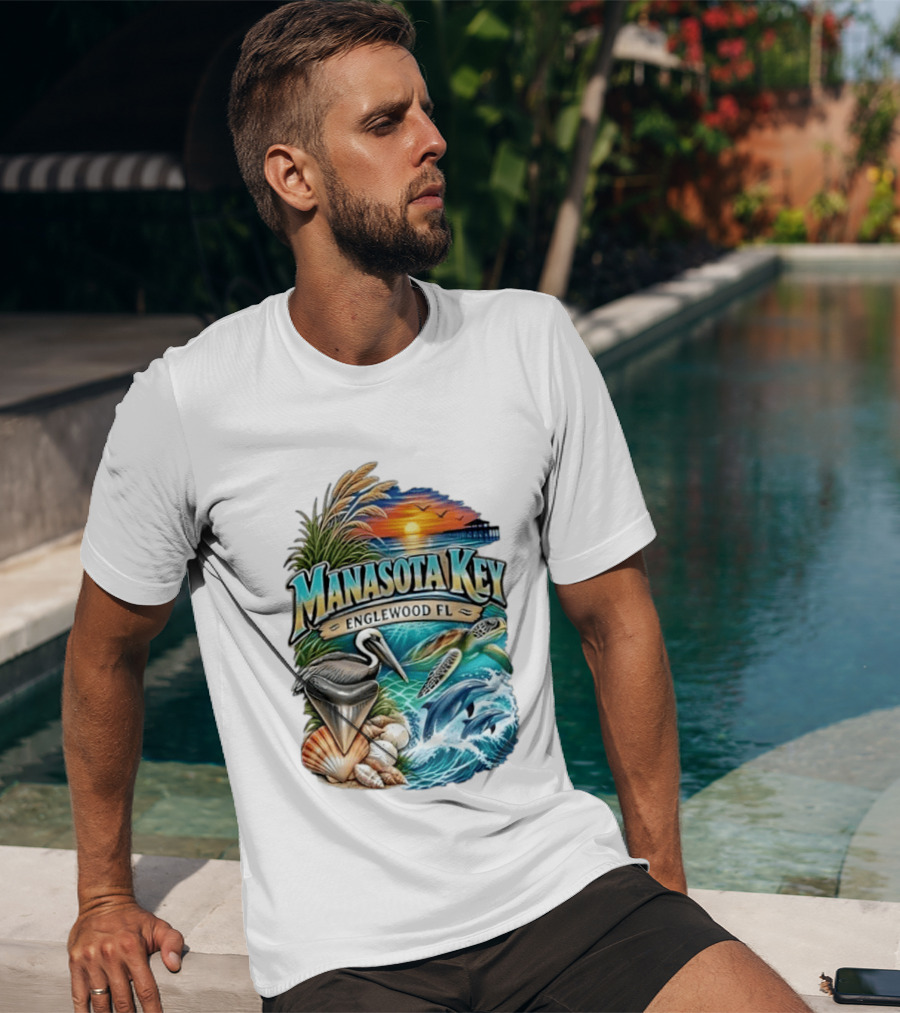 Manasota Key Englewood FL Beach Scene With Pelican Dolphins Shells And Sunset T-Shirt