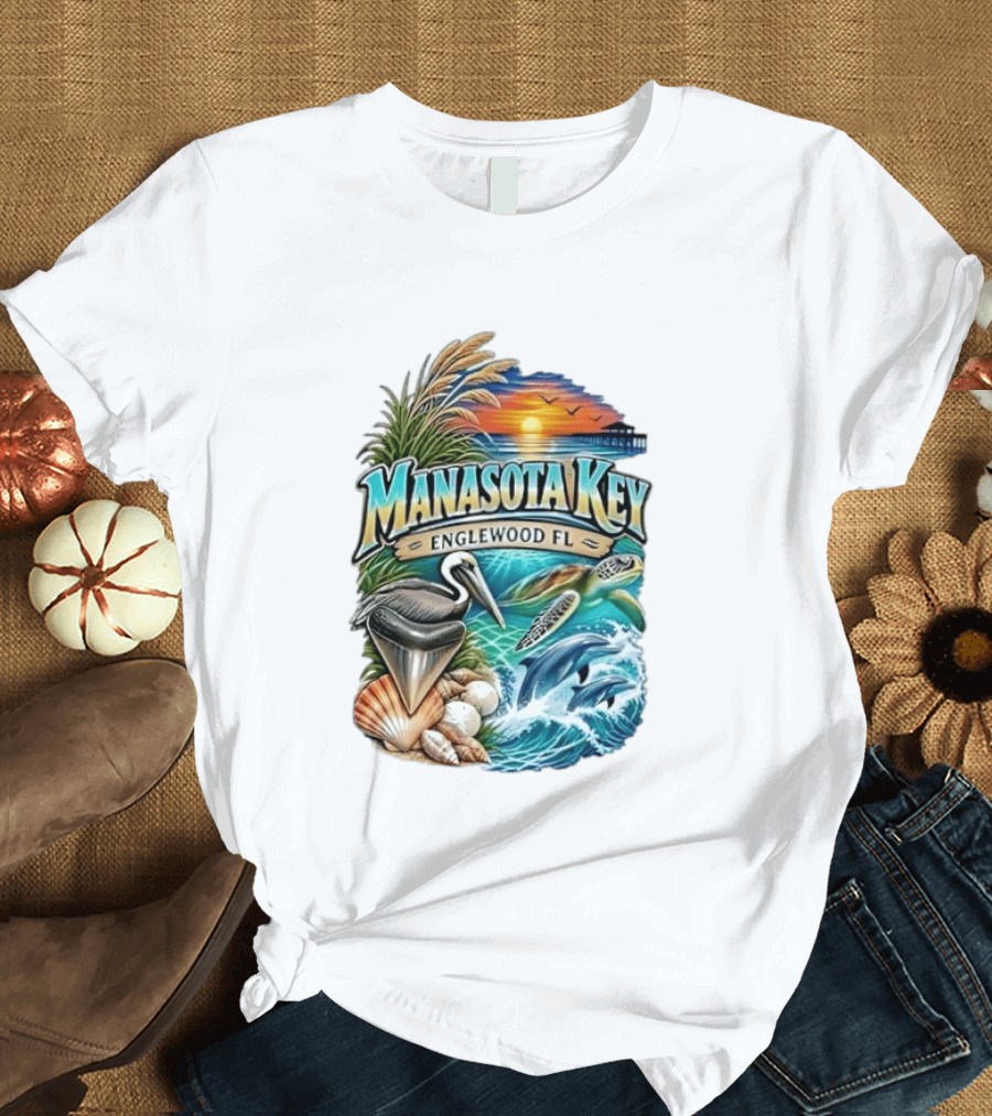 Manasota Key Englewood FL Beach Scene With Pelican Dolphins Shells And Sunset T-Shirt