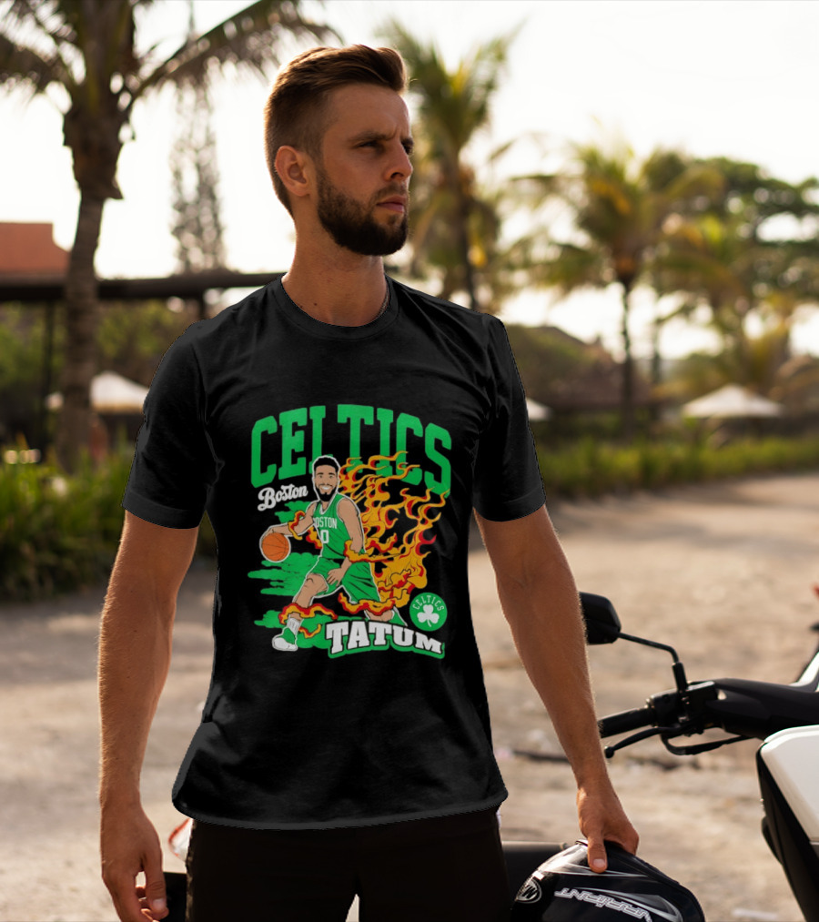 Boston Celtics Jayson Tatum Fired Up Basketball Flames T-Shirt