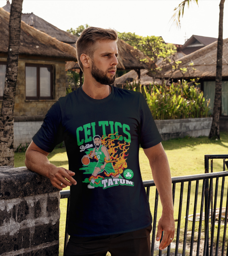 Boston Celtics Jayson Tatum Fired Up Basketball Flames T-Shirt