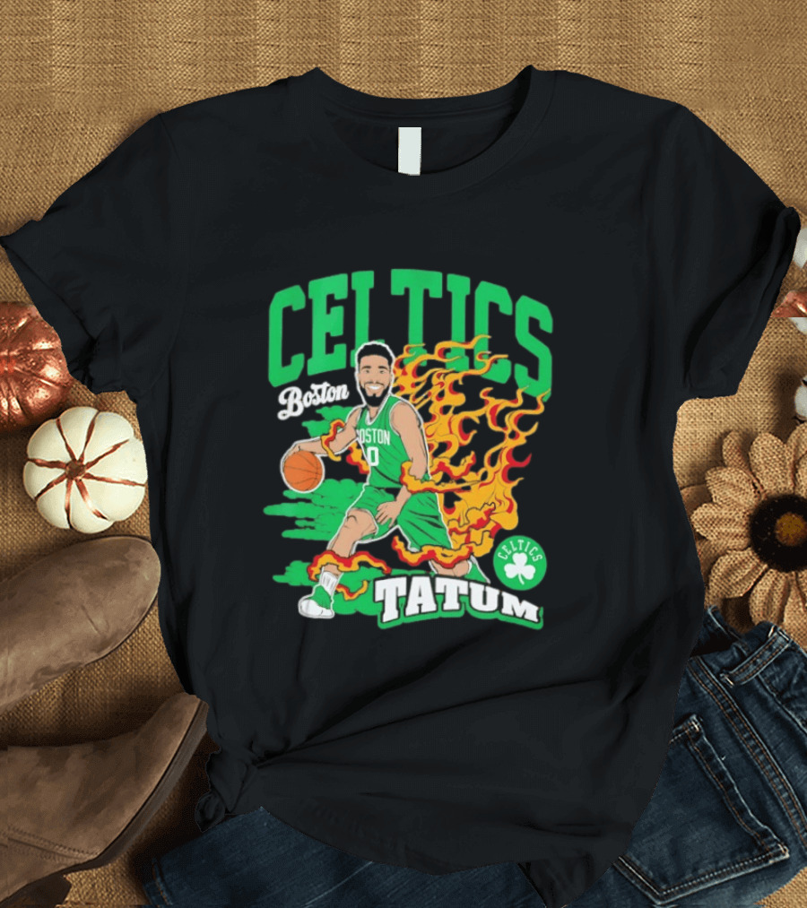 Boston Celtics Jayson Tatum Fired Up Basketball Flames T-Shirt