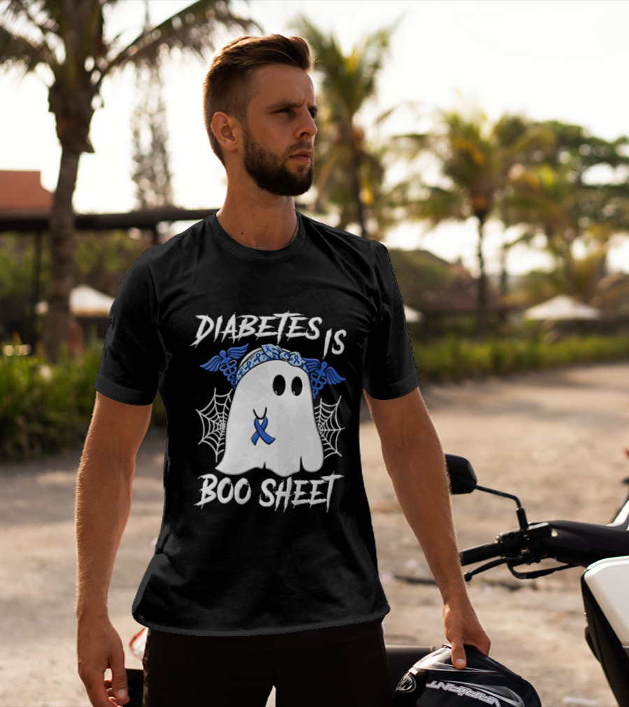 Diabetes IS BOO Sheet Ghost With Blue Ribbon Headband Halloween T-Shirt