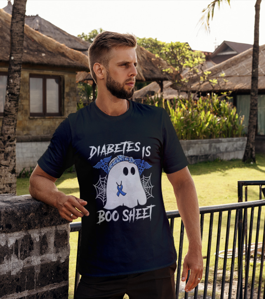 Diabetes IS BOO Sheet Ghost With Blue Ribbon Headband Halloween T-Shirt