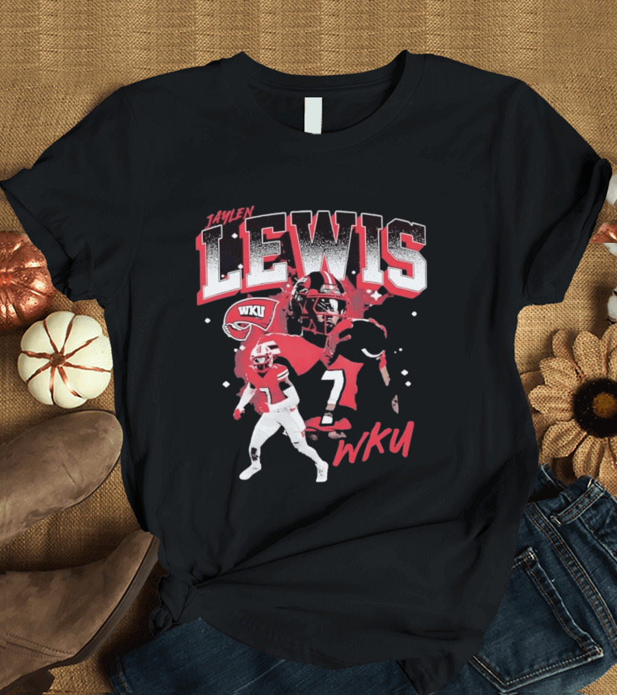 Jaylen Lewis No 7 WKU Football Helmet And Player Action T-Shirt