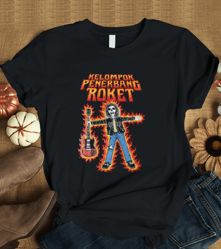 Kelompok Penerbang Roket Skeleton Guitarist In Flames Keegan Records T-Shirt