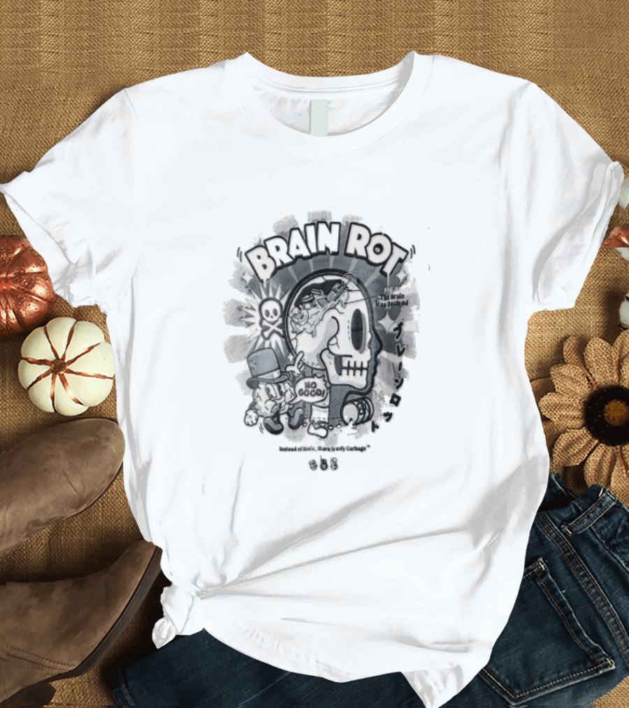 BRAIN ROT Skull Top Hat No Good Text Vintage Cartoon T-Shirt