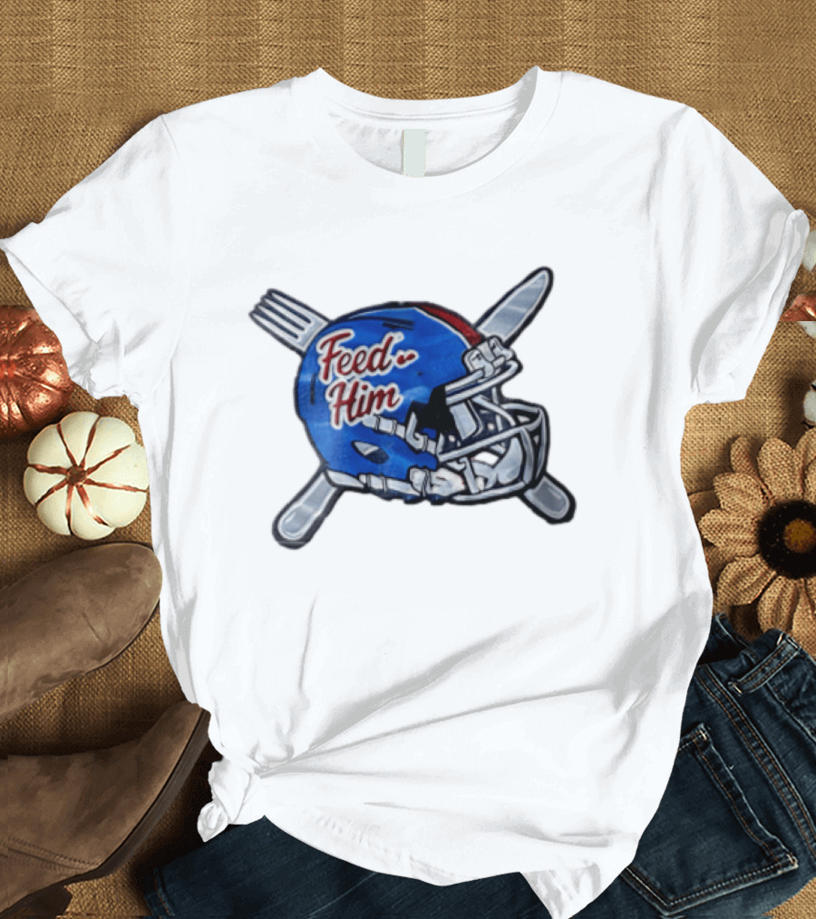 Feed Him Blue Football Helmet Crossed Utensils Fork Knife T-Shirt