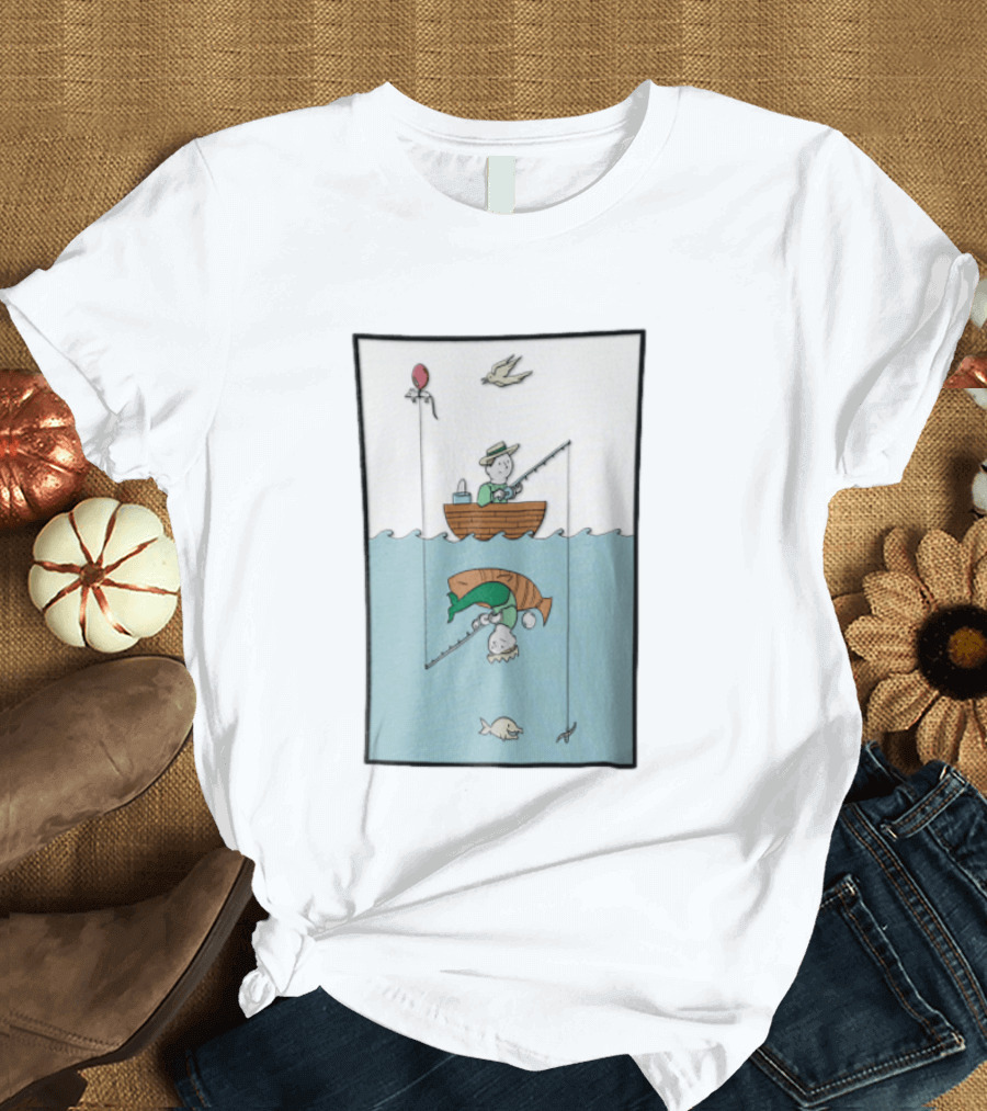 Fisherman In Boat Catching Hidden Mermaid With Fishing Line T-Shirt