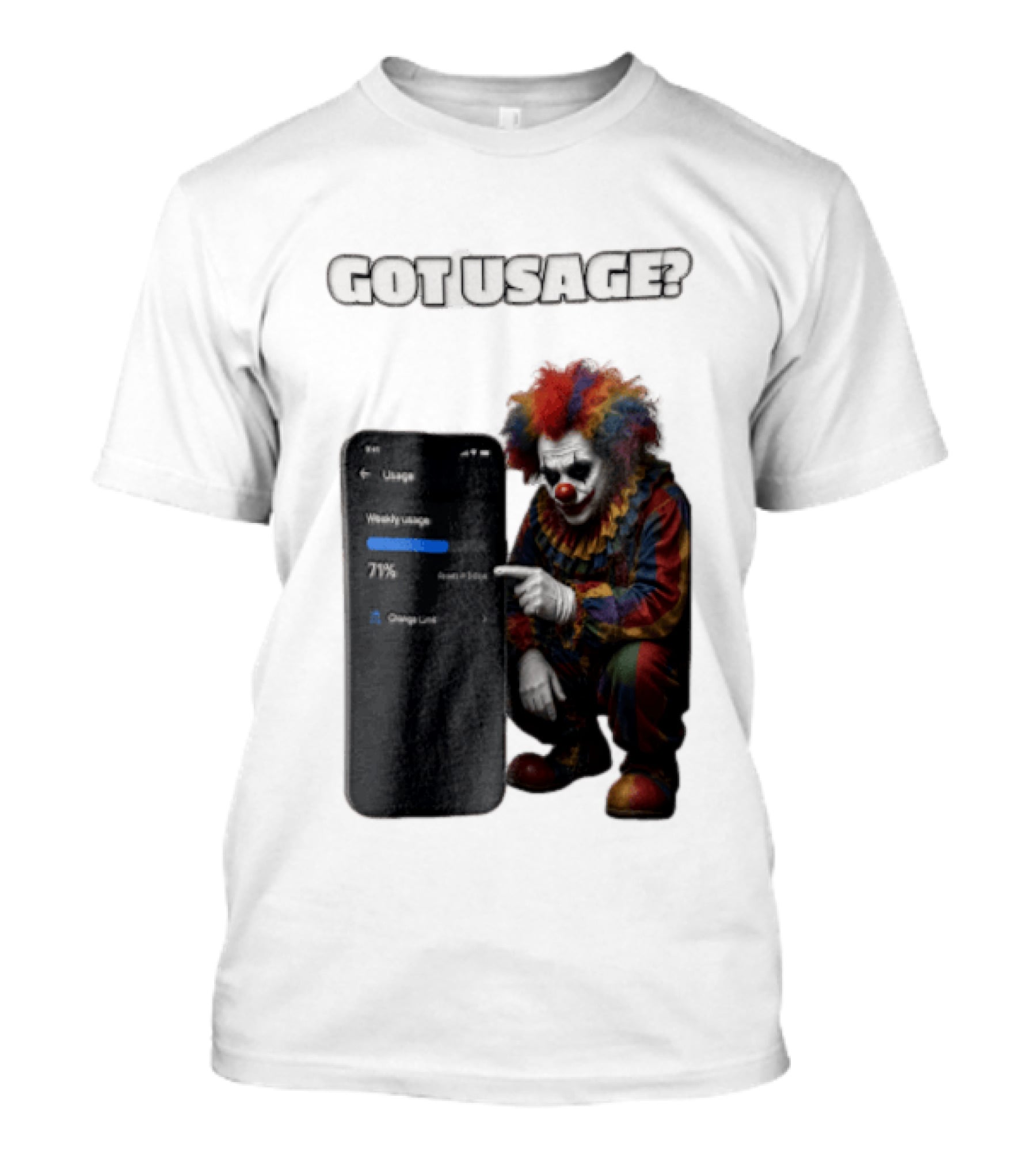 GOT Usage Clown Pointing At Smartphone Screen Weekly Usage 71% T-Shirt