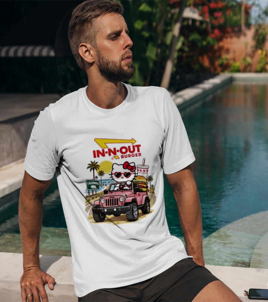 Hello Kitty In Pink Jeep With In N Out Burger California Adventure T-Shirt