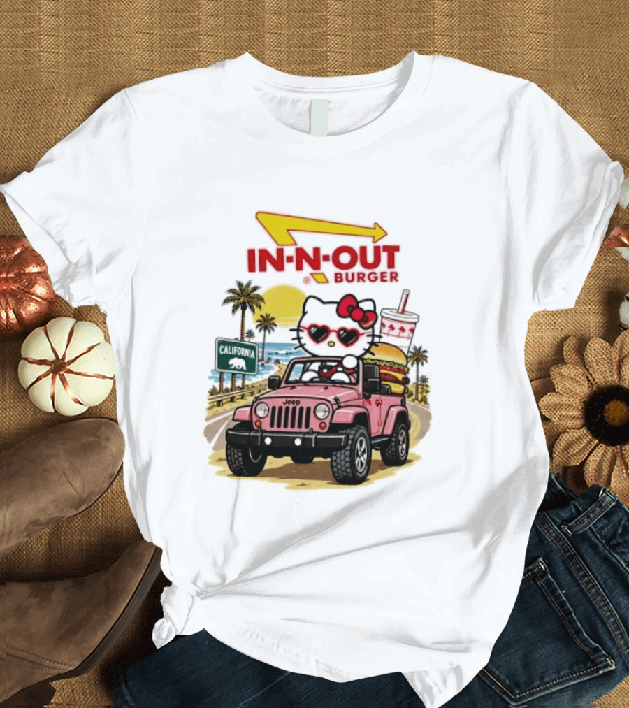 Hello Kitty In Pink Jeep With In N Out Burger California Adventure T-Shirt