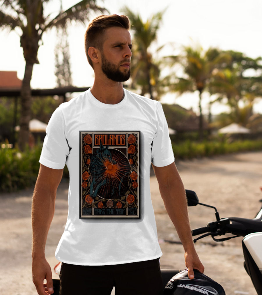 BADLANDS Festival Aug 20 22 2027 Take The Trip Stokterweg 14 Lottum Netherlands Retro Wolf And Roses T-Shirt