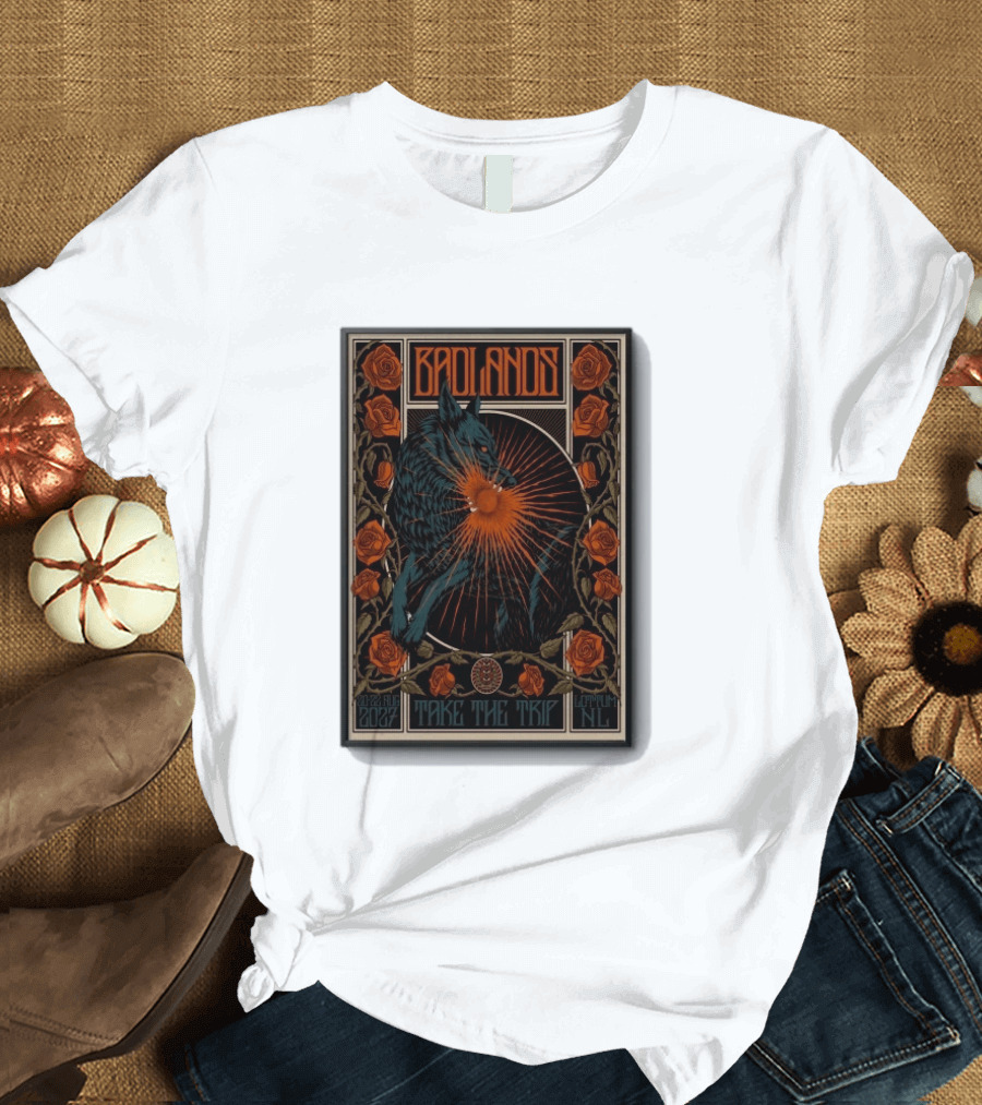 BADLANDS Festival Aug 20 22 2027 Take The Trip Stokterweg 14 Lottum Netherlands Retro Wolf And Roses T-Shirt