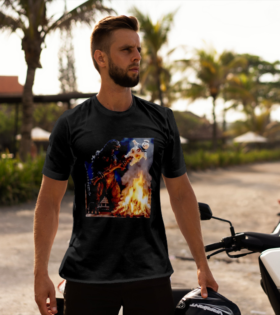 Kaiju Campfire Godzilla Holding Stay Puft Marshmallow Man T-Shirt